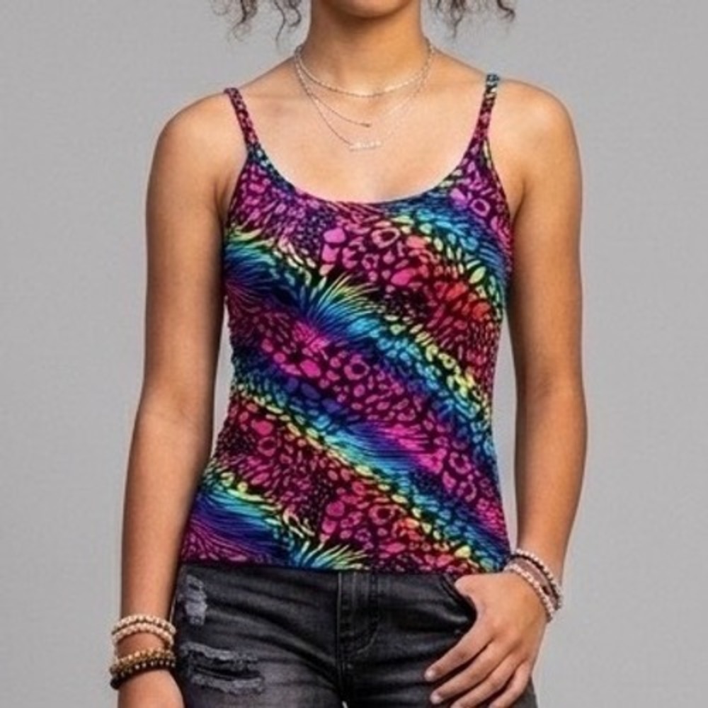 Vtg 90s Y2K Op Neon Rainbow Leopard Zebra Tank Top S/M Cybercore Animal Print